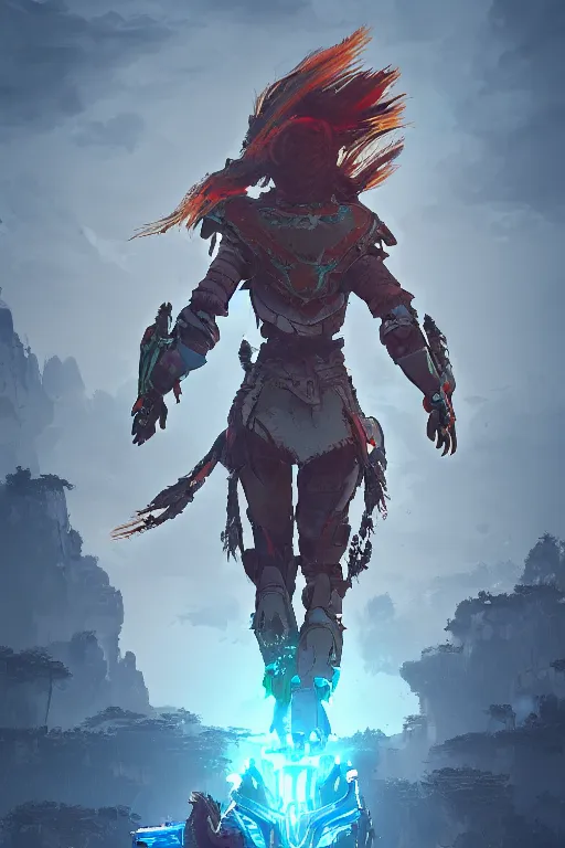 Image similar to combination suit armor aloy horizon forbidden west horizon zero dawn radiating a glowing aura global illumination ray tracing hdr fanart arstation by ian pesty and alena aenami artworks in 4 k tribal robot ninja mask helmet backpack