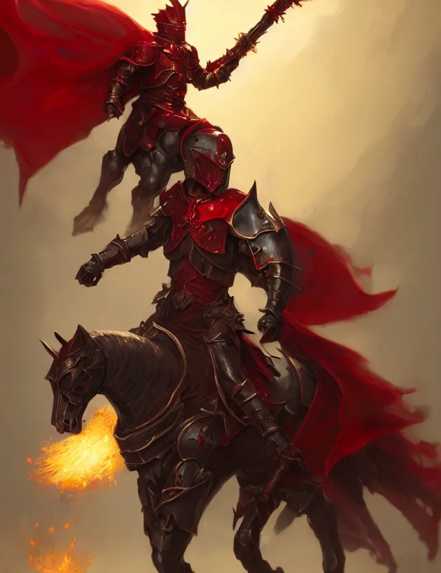 Image similar to a masked knight in crimson armour mounted on a spectral horse, holding a glowing red battle staff, by frank fazetta and peter mohrbacher, trending on artstation, digital art, 4 k resolution, detailed, high quality, hq artwork, coherent, insane detail, concept art, character concept, character full body portrait