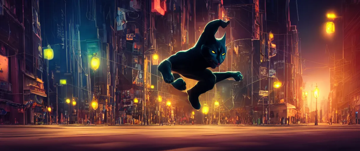 Image similar to hyperrealistic 3d animation hyper detailed choonky catman jumping, backrgound the city at night concept art pascal blanche sharp cinematic lighting 8k low angle shallow depth of field