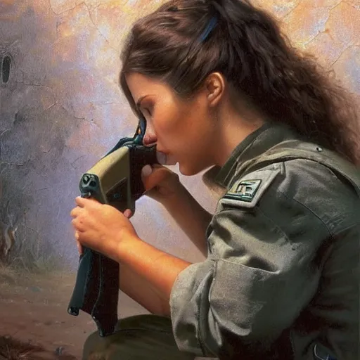 Image similar to a female israeli soldier pressing a staple gun to her head and looking depressed by thomas kincade realistic, high details