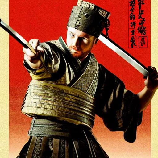 Image similar to jesse pinkman from breaking bad wearing samurai armor and holding a katana in feudal japan, 4 k, hyper realistic, ink block painting, edo period