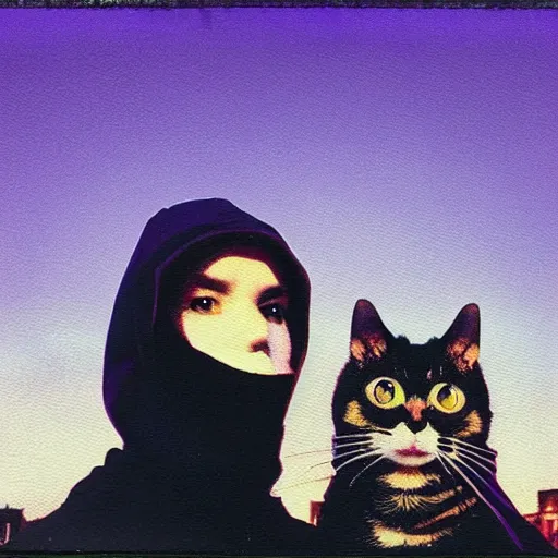 Image similar to selfie with a creepy hooded figure holding a cat in the busy street of Night Vale, sunset, violet tones, polaroid photo, by Warhol,
