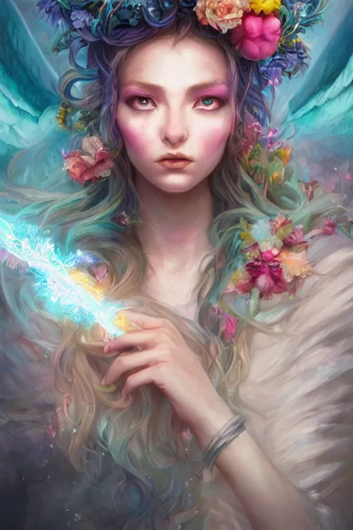 Image similar to face closeup beautiful girl wizard covered with rainbow and ice, holding flowers and casting magic spell, angel, storm and thunder clouds, fantasy, magic the gathering, hyper detailed, 3 d render, hyper realistic detailed portrait, peter mohrbacher