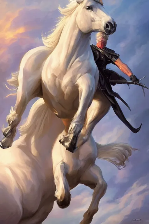 Image similar to donald trump on a majestic white horse, digital painting, artstation, concept art, smooth, sharp focus, illustration, in - frame, centered, art by artgerm and donato giancola and joseph christian leyendecker, ross tran, wlop