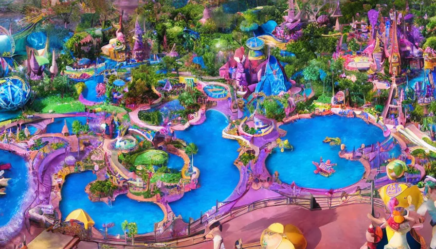Image similar to disney world, it ’ s a small world ride landscape, kidney shaped swimming pools, unreal engine, realistic shading, realistic render, octane render, detailed textures, photorealistic, wide shot