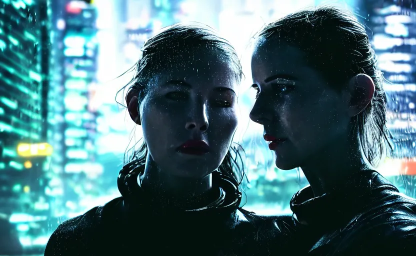 Image similar to cinestill 5 0 d candid photographic portrait by steven spielberg of two loving female androids sobbing wearing rugged black mesh techwear in treacherous waters, flooded city, medium closeup, retrofuturism cyberpunk moody emotional cinematic, pouring iridescent rain bright spotlight helicopter, 8 k, hd, high resolution, 3 5 mm, f / 3 2, ultra realistic faces, ex machina