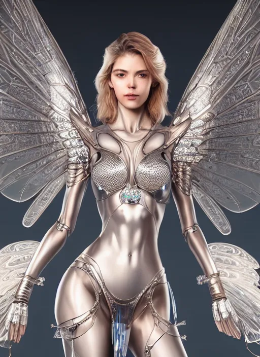 Image similar to full body photo of a gorgeous young mechanical angel woman with crystal wings in the style of stefan kostic, realistic, sharp focus, 8 k high definition, insanely detailed, intricate, elegant, art by stanley lau and artgerm