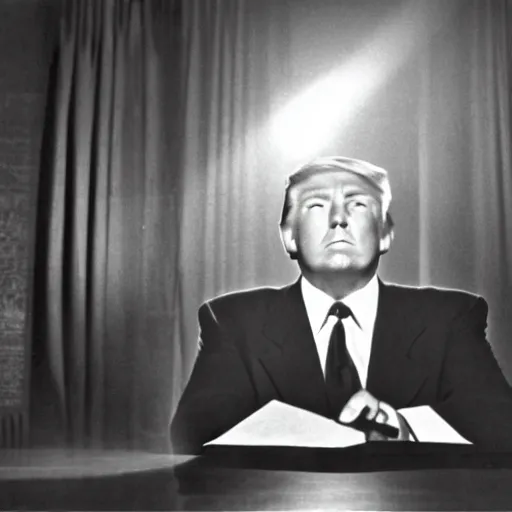 Prompt: a film still from a 1 9 4 0's film noir movie with donald trump sitting at a metal table in an dark interrogation room with a hanging light shining on him illuminating his face