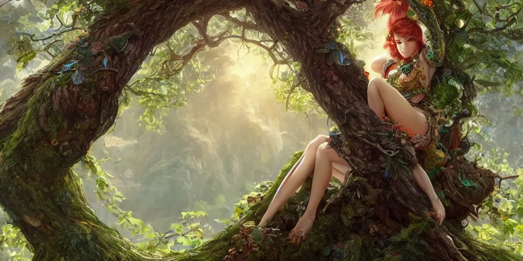 Prompt: alluring highly-res photo an attractive young elf woman sitting on top of giant tree in her tree city, clothed in a chesty fantasy outfit, intricate, elegant, highly detailed, digital painting, trending on Artstation, concept art, smooth, sharp focus, colorful, illustration, in the style of artgerm and greg rutkowski and alphonse mucha