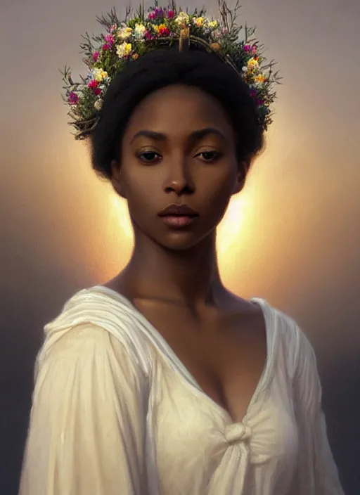 Image similar to oil painting close up portrait of a serene young black woman with long dark flowing hair in a white dress, wearing a crown of wildflowers!! at sunset, hazy, digital art, chiaroscuro, artstation, cinematic, golden hour, digital art painting by greg rutkowski, william - adolphe bouguereau, hazy atmosphere, cinematic lighting