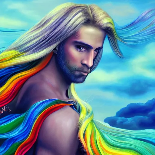 Prompt: colorful painting of a man with long blond hair with no beard with a propellermutze, matte painting, trending on art station, ultra - detailed, hq