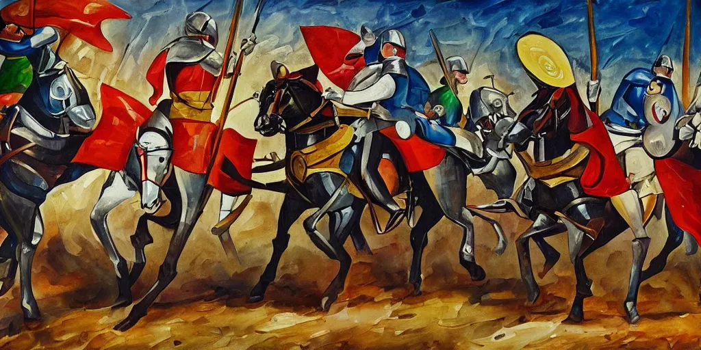 Image similar to futurism style painting of medieval knights jousting