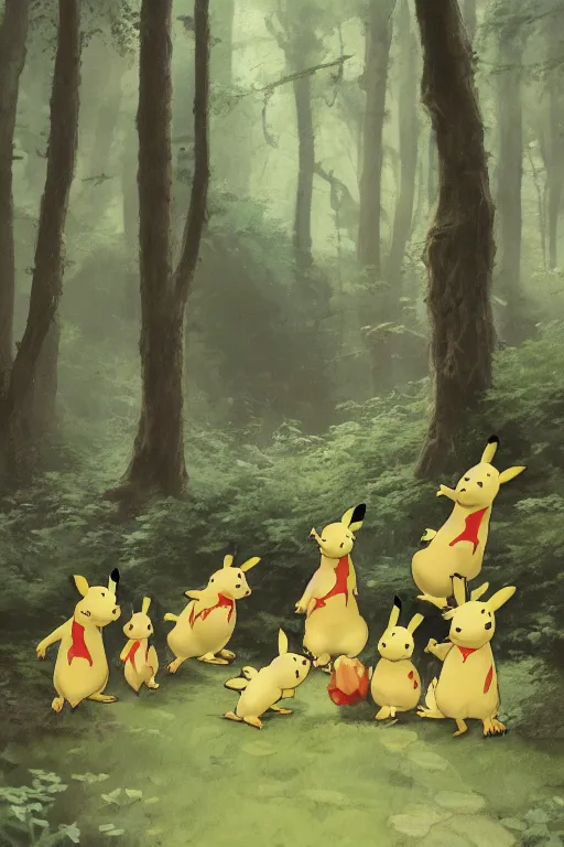 Prompt: A group of Pikachus in the forest, illustrated by Greg Rutkowski and Caspar David Friedrich., Trending on artstation, artstationHD, artstationHQ, 4k, 8k
