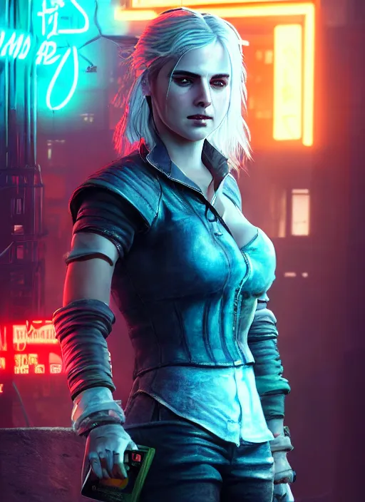 Prompt: ciri in a cyberpunk city full of neon. hyperrealistic oil painting, 4k, very detailed faces, studio lightning, award winning