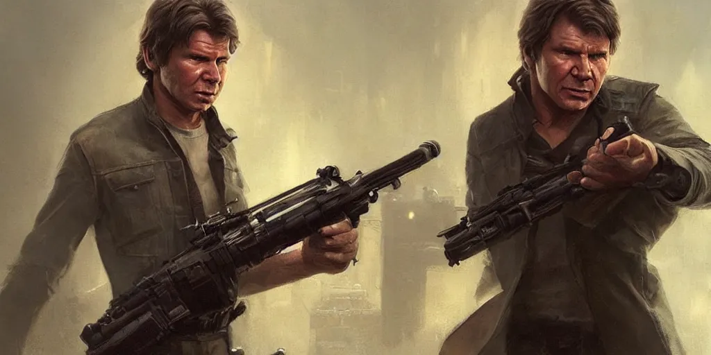 Prompt: a highly detailed epic cinematic concept art CG render digital painting artwork: one Soviet dieselpunk Han Solo played by Harrison Ford directed by David Fincher. By Greg Rutkowski, Ilya Kuvshinov, WLOP, Stanley Artgerm Lau, Ruan Jia and Fenghua Zhong, trending on ArtStation, subtle muted cinematic colors, made in Maya, Blender and Photoshop, octane render, excellent composition, cinematic atmosphere, dynamic dramatic cinematic lighting, precise correct anatomy, aesthetic, very inspirational, arthouse