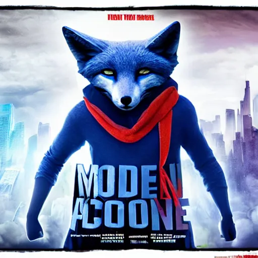 Image similar to modern action adventure movie poster, featuring in anthropomorphic blue fox in a hoodie, promotional movie poster print