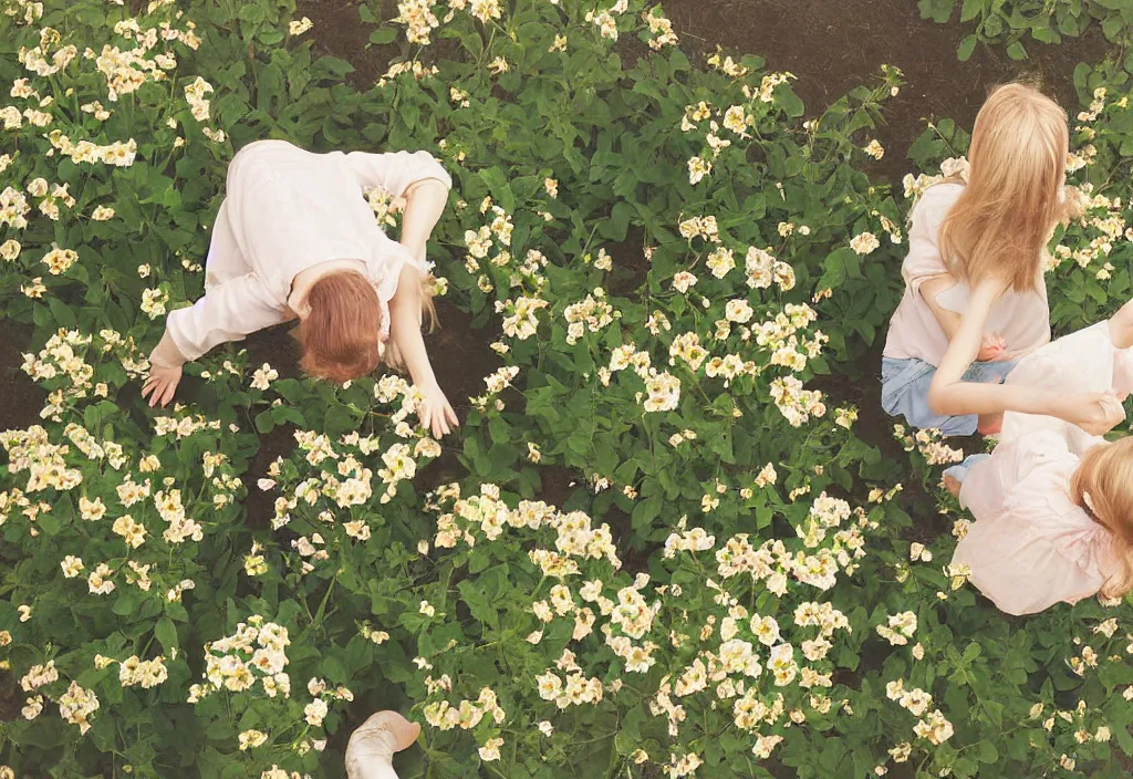 Prompt: high angle view photograph girl picking up flowers in a garden, near county house, country style. neutral colors, beige colors, sunlight, golden hour, Bleach pastel colors, soft lights, polaroid, vintage, High-key lighting In style of simplified realism lisa yuskavage, Steve Hanks