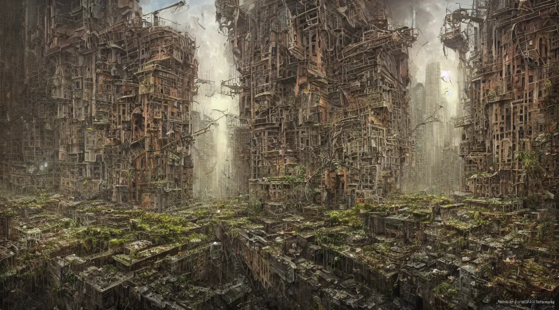 Image similar to Very very very very highly detailed epic photo, post apocalyptic city buildings, by Vladimir Manyukhin, by Simon Stålenhag, by Zdzisław Beksiński, by Guido Borelli, by Nathan Walsh, by Peter Gric, Wild vegetation, mold, deviantart, trending on artstation, Photorealistic, Incredible Depth, vivid colors, polychromatic, glowing neon, HDR Unreal Engine 64 megapixels IMAX Terragen 4.0, 8k resolution concept art filmic complex utopian mysterious moody futuristic