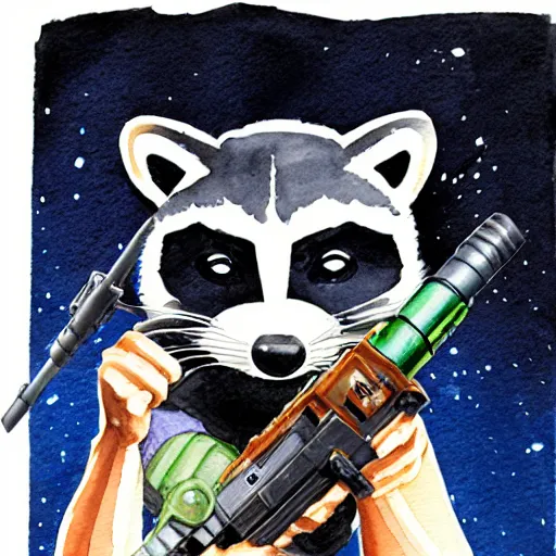 Image similar to racoon holding a laser gun, guardians of the galaxy style, centered award winning watercolor pen drawing, by caroline choi, edited by range murata