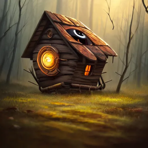 Image similar to a running wood and metal house with two legs and one big eye, rust, hyperrealistic, highly detailed, cinematic, single ray of sun, morning, pareidolia, gravity falls style, disney, beautiful, cgssociety, artstation, 8 k, oil painting, digital art
