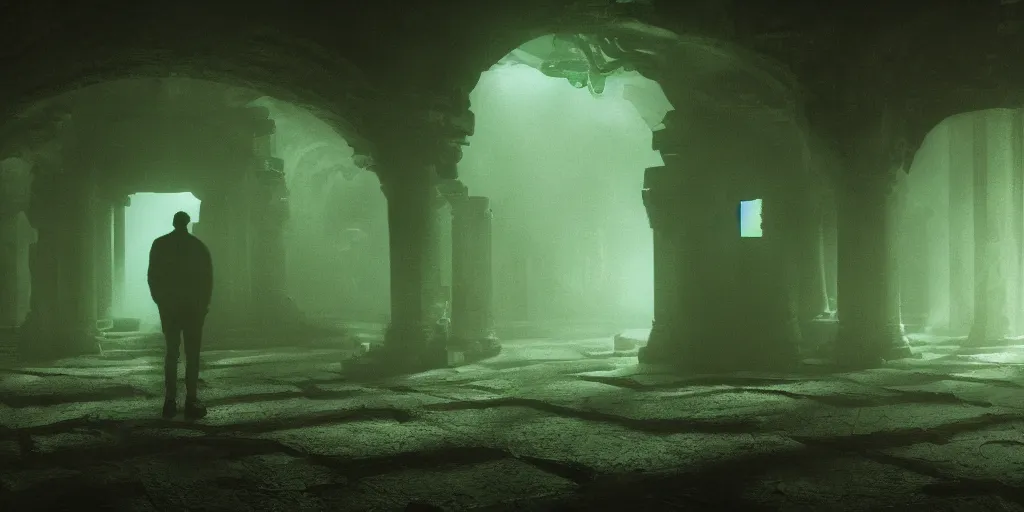 Prompt: cinematic film still, inside a temple of Cthulhu, ancient, green ambient light, light mist, 4k