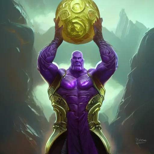 Image similar to thanos, d & d, fantasy, intricate, elegant, highly detailed, digital painting, artstation, concept art, matte, sharp focus, illustration, hearthstone, art by artgerm and greg rutkowski and alphonse mucha