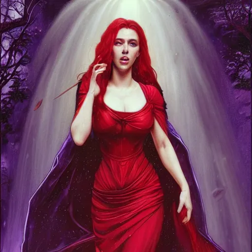 Image similar to a highly detailed byzantine painting of scarlett johansson as a red haired vampire sorceress, walking through a waterfall in a gossamer purple dress, epic fantasy, viewed in profile from far away, ultrawide lens, art by artgerm and greg rutkowski and alphonse mucha, volumetric lighting, 4 k resolution, trending on artstation, masterpiece