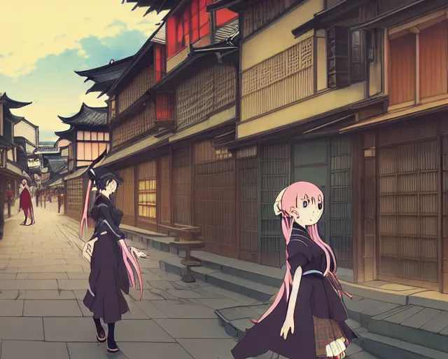 Image similar to key anime visual portrait of a young female witch walking through a busy village, yoshitoshi abe, dynamic pose, dynamic perspective, cinematic, dramatic lighting, muted colors, detailed silhouette, textured, anime proportions, kyoto animation, anmi,