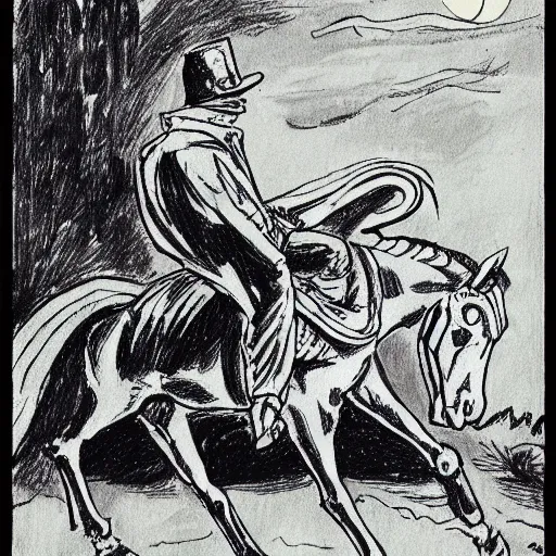 Image similar to a headless horseman riding through the night, old time sketch, ink,