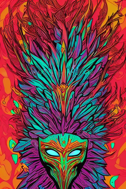 Image similar to totem animal mask tribal feather gemstone plant wood rock shaman vodoo video game vector illustration vivid multicolor borderlands comics by josan gonzales and dan mumford radiating a glowing aura