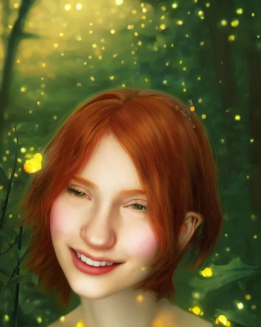 Image similar to a happy young woman, admiring the lights of golden fireflies, sitting in the midst of nature with a wonderful dress, long loose red hair, bright green eyes, small nose with freckles, triangle shape face, smiling, romantic scene, golden ratio, high contrast, photo realistic digital art by caravaggio and artgerm.