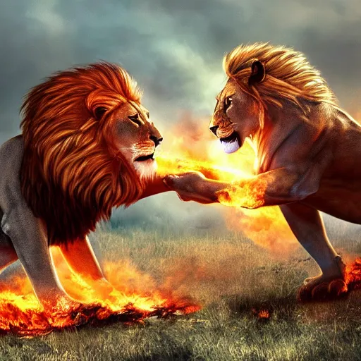 Prompt: lions fighting in fire brutal battle arstationhq cgsociety high quality