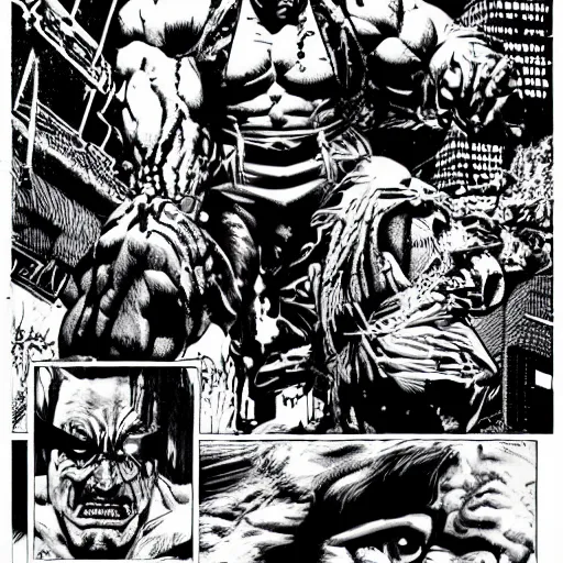 Prompt: cyberpunk hulk hogan, black and white, art by sergio toppi and keith giffen