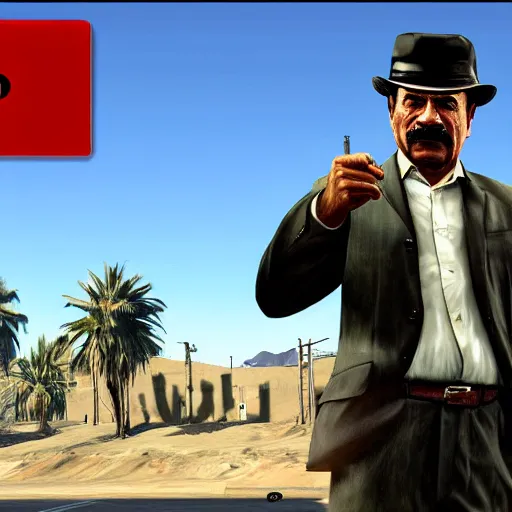 Image similar to saddam hussein pointing a gun at person in GTA V loading screen, HD