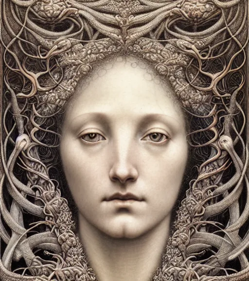 Image similar to detailed realistic beautiful botanical goddess face portrait by jean delville, gustave dore, iris van herpen and marco mazzoni, art forms of nature by ernst haeckel, art nouveau, symbolist, visionary, gothic, neo - gothic, pre - raphaelite, fractal lace, intricate alien botanicals, ai biodiversity, surreality, hyperdetailed ultrasharp octane render