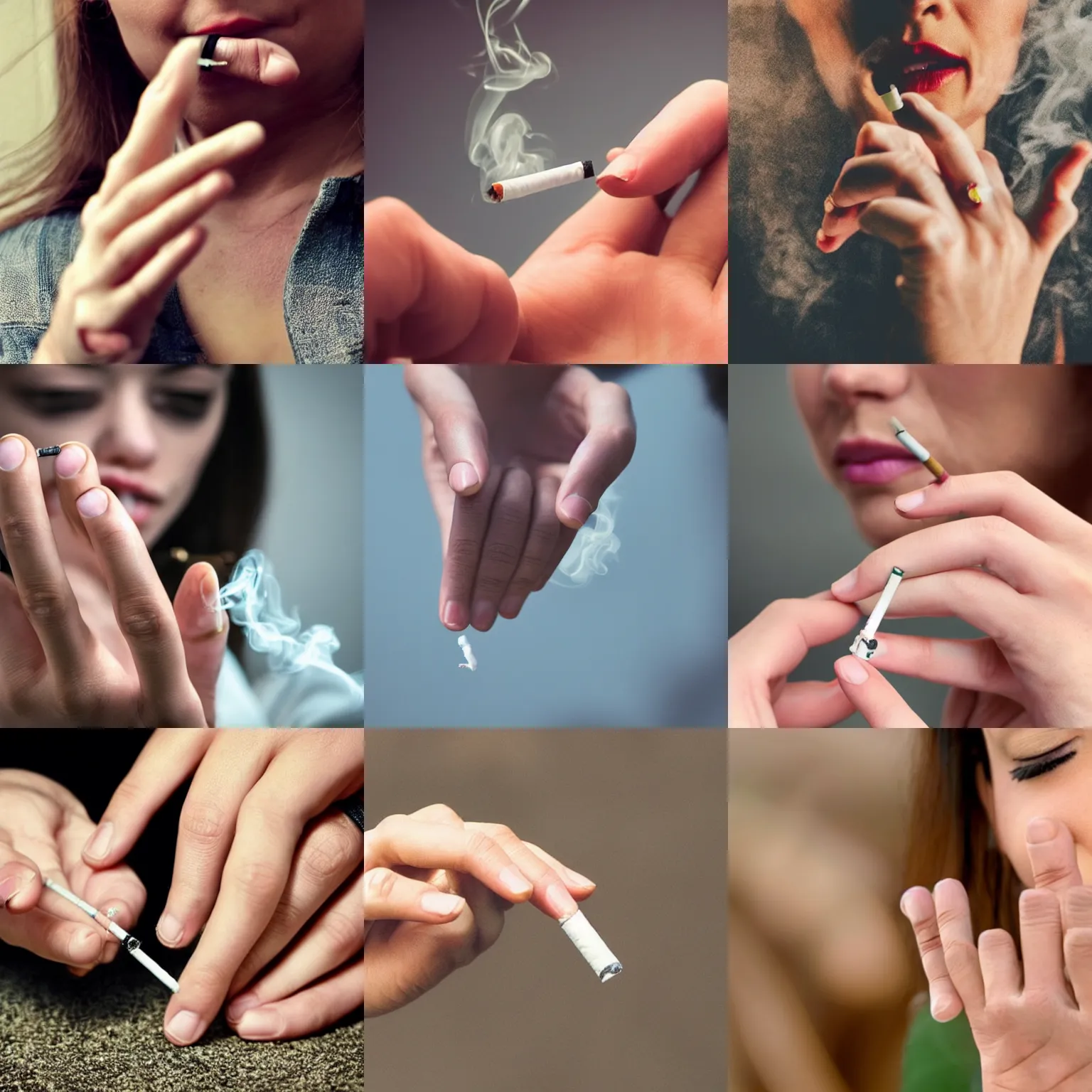 Prompt: woman smoking cigarette, perfect hand, beautiful fist, 5 fingers, five fingers, perfect fist, trending , smoking gesture, very very very accurate photo of hand