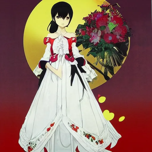 Image similar to yukiko amagi in wedding dress facing viewer by shigenori soejima