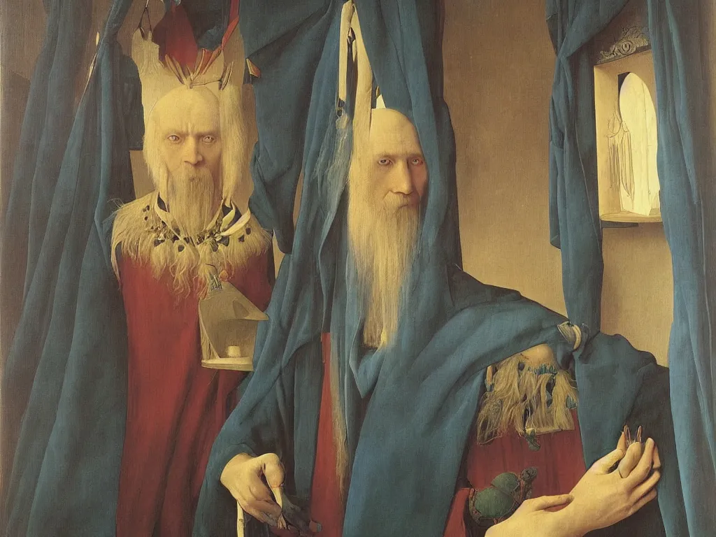 Image similar to Portrait of albino mystic with blue eyes, with beautiful paintings on his walls. Painting by Jan van Eyck, Audubon, Rene Magritte, Agnes Pelton, Max Ernst, Walton Ford