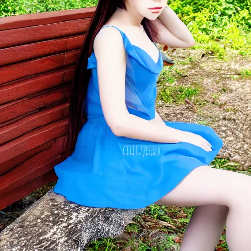 Image similar to anime kerli koiv young female model sitting on bench photography sun dress beautiful face and body, dramatic light 8 0 mm camera