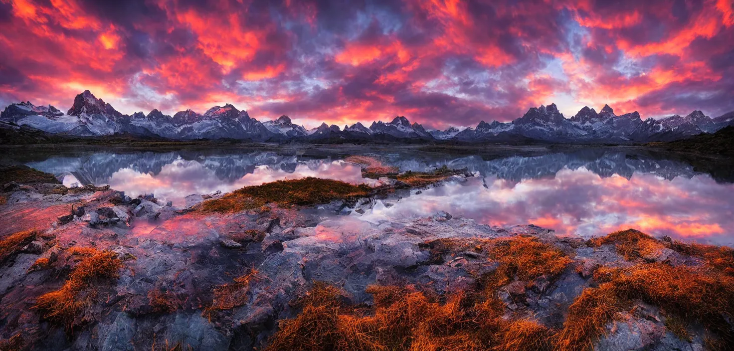 Image similar to amazing landscape photo of mountains with lake in sunset by marc adamus, beautiful dramatic lighting