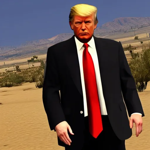 Image similar to Grand Theft Auto V loading screen: Donald Trump wearing a dress in the desert, very detailed, very intricate, elegant,