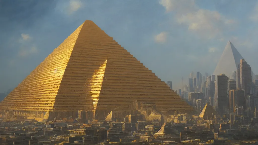 Prompt: Trending on artstation, beautiful pyramid with golden tip surrounded by modern high-tech city, detailed matte painting, oil on canvas