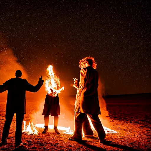 Image similar to atmospheric photograph of three ravers, two men, one woman in a trenchcoat blessing the earth, seen from behind, talking around a fire, dancefloor kismet, diverse costumes, clean composition, desert transition area, bonfire, night, australian desert, xf iq 4, symmetry, sony a 7 r, 1 5 0 mp, 5 0 mm