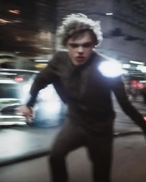 Prompt: photo of evan peters, as quicksilver, racing at hyper speed thru the streets of nyc. ever thing is a blur via long exposure like effect, but he is in sharp focus.