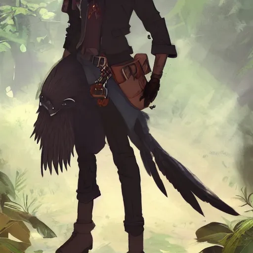 Image similar to concept art painting of a person with a head of a crow, with steampunk clothes, in the deep forest, realistic, detailed, cel shaded, in the style of makoto shinkai and greg rutkowski and james gurney