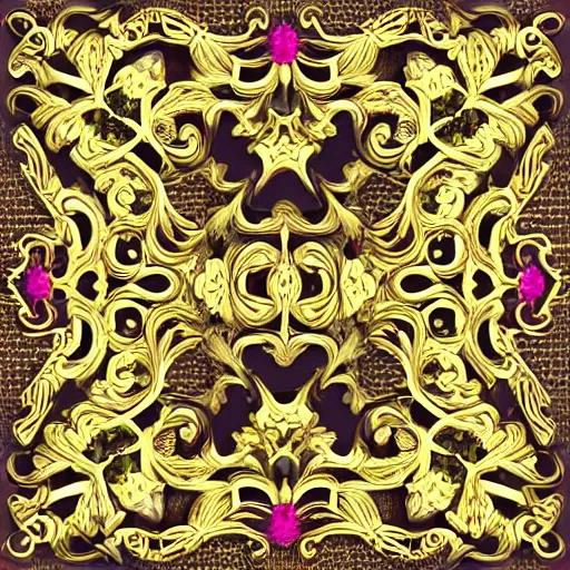 Image similar to geometrically displaced rococo floral filigree, dramatic lighting with hints of neon trim, bilateral symmetry, full color