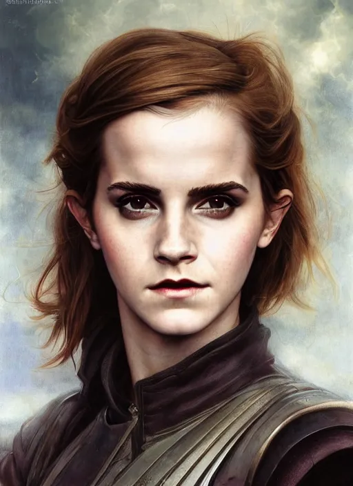 Image similar to emma watson portrait demon half human, elegant, wearing a bomber jacket, armor, hyper realistic, whitehorns, extremely detailed, dnd character art portrait, fantasy art,, dramatic lighting, vivid colors, artstation, by edgar maxence and caravaggio and michael whelan and delacroix, lois van baarle and bouguereau