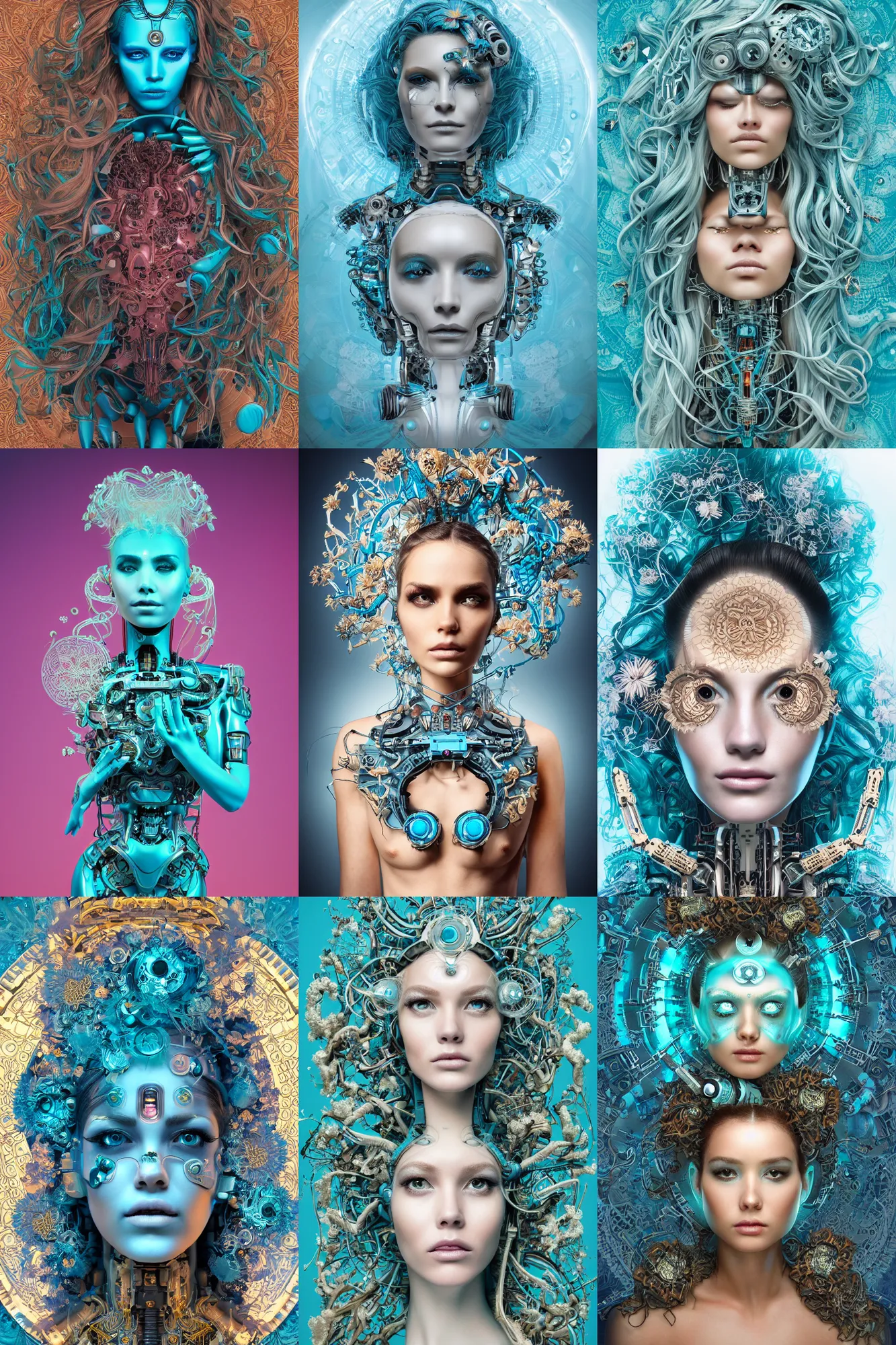 Prompt: a beautiful intricate fine art portrait photo of a cyborg with bionic implants, epic wavy hair spread out around her lined with white hibiscus, lying on a mandala, by natalie shau and philip kirkland, masterpiece!, turquoise blue face, futuristic robot body, top view, studio lighting, golden ratio composition, 5 0 mm lens, deep depth of field, artstation, 8 k