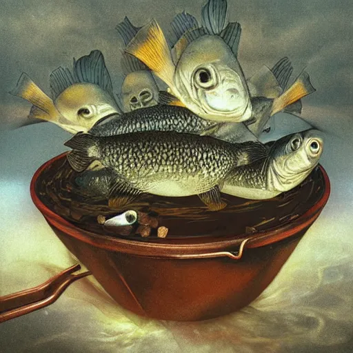 Image similar to surprised fish on a pile of fish in a cooking pot on fire, side view, by juan gimenez, dystopian art, rococo