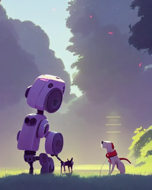 Prompt: a robot taking his dog for a stroll through nature, cory loftis, james gilleard, atey ghailan, makoto shinkai, goro fujita, character art, rim light, exquisite lighting, clear focus, very coherent, plain background, soft painting